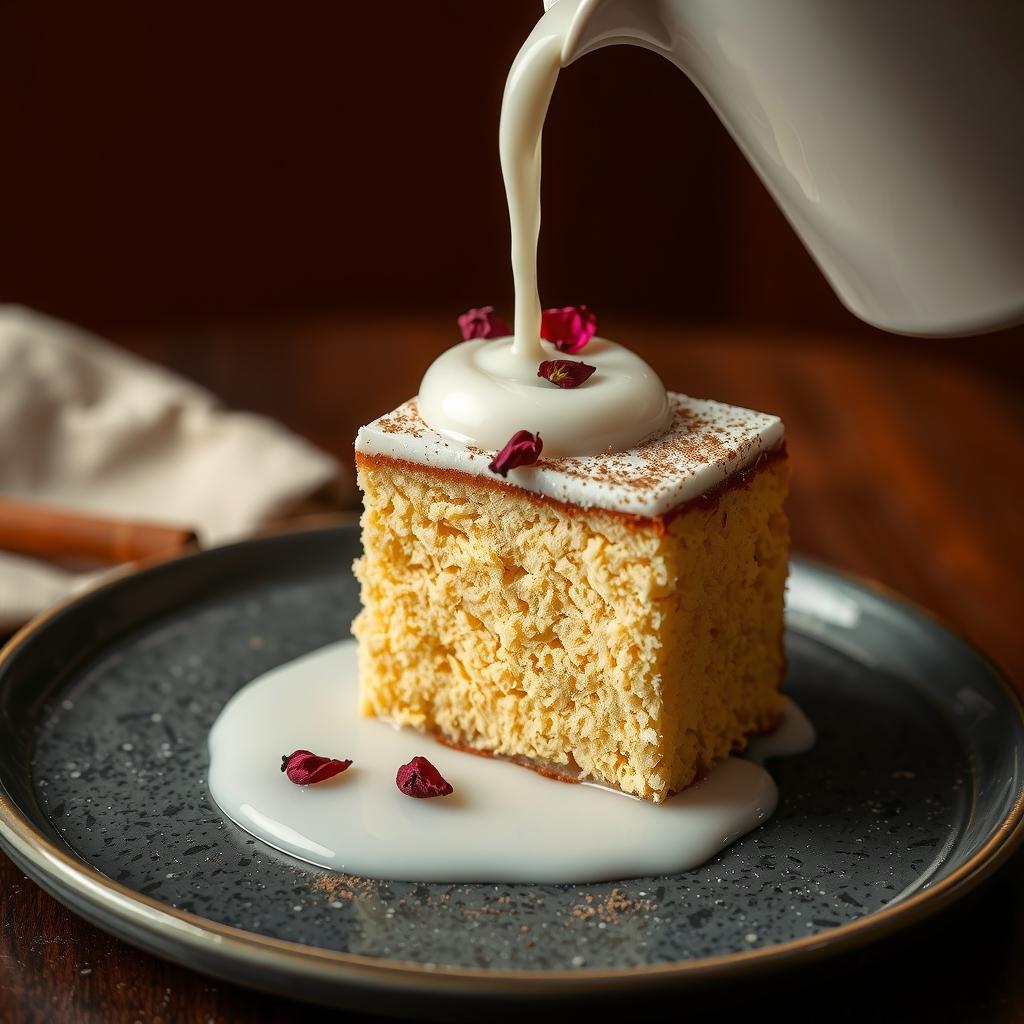 Milk being poured over a slice of tres leches topped with whipped cream, cinnamon and rose petals