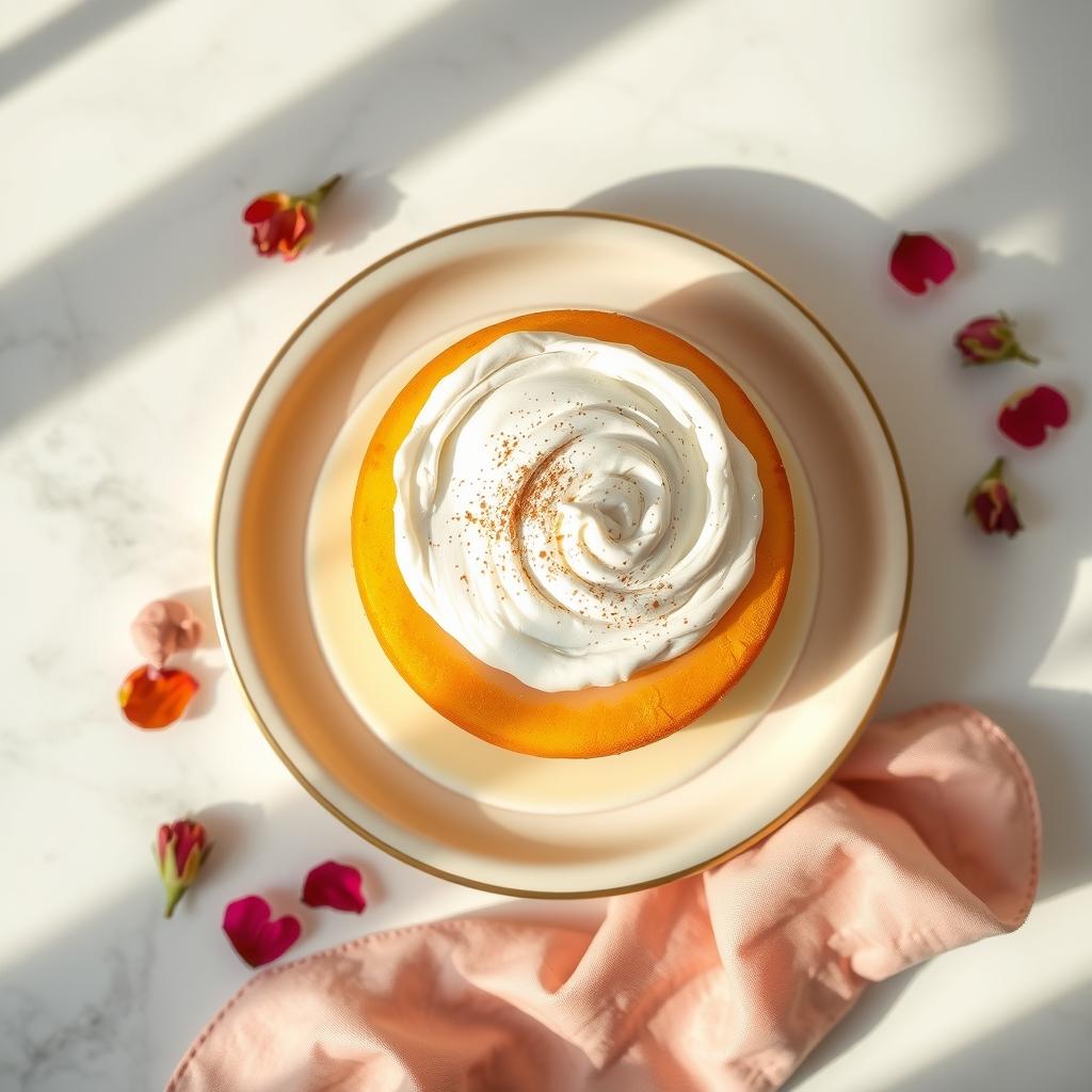 Our signature tres leches seen from above on a gold-rimmed plate, crowned with swirled cream and cinnamon